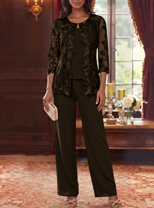 3 Pieces Chiffon Scoop Plus Size Mother of the Bride Pantsuits with Lace Floral Jacket Ankle-Length 3/4 Sleeves
