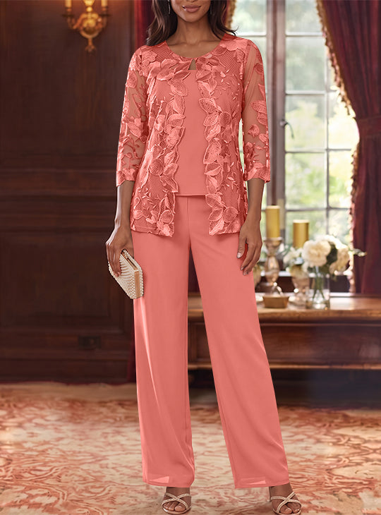 3 Pieces Chiffon Scoop Plus Size Mother of the Bride Pantsuits with Lace Floral Jacket Ankle-Length 3/4 Sleeves