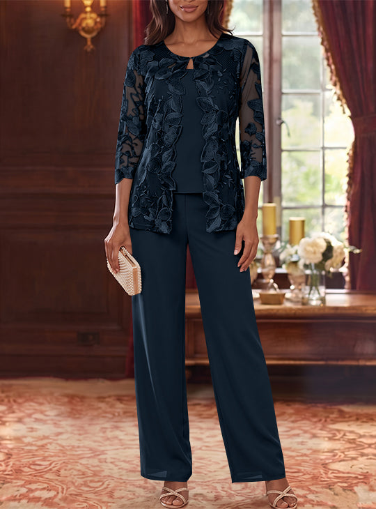 3 Pieces Chiffon Scoop Plus Size Mother of the Bride Pantsuits with Lace Floral Jacket Ankle-Length 3/4 Sleeves