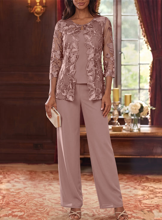3 Pieces Chiffon Scoop Plus Size Mother of the Bride Pantsuits with Lace Floral Jacket Ankle-Length 3/4 Sleeves