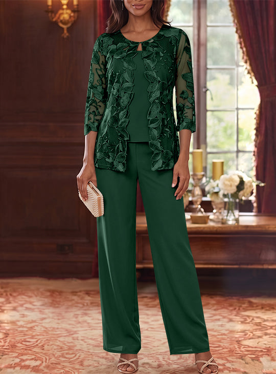 3 Pieces Chiffon Scoop Plus Size Mother of the Bride Pantsuits with Lace Floral Jacket Ankle-Length 3/4 Sleeves