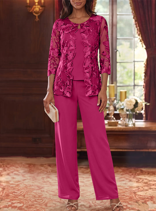 3 Pieces Chiffon Scoop Plus Size Mother of the Bride Pantsuits with Lace Floral Jacket Ankle-Length 3/4 Sleeves