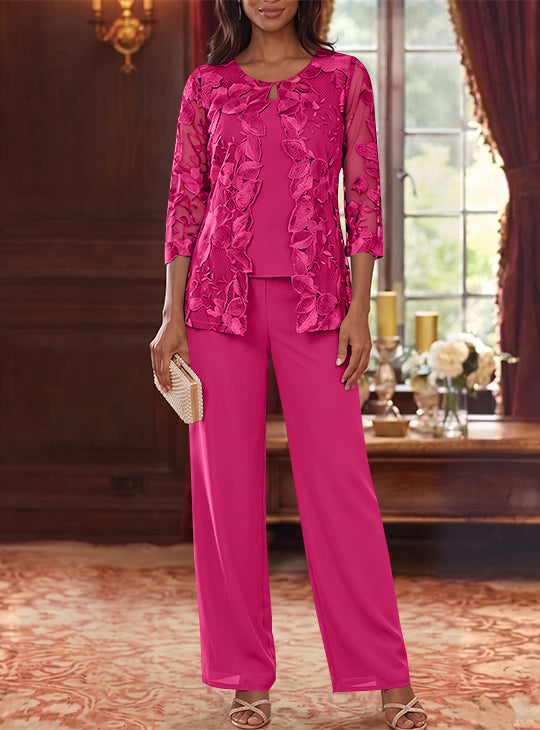 3 Pieces Chiffon Scoop Mother of the Bride Pantsuits with Lace Floral Jacket Ankle-Length 3/4 Sleeves