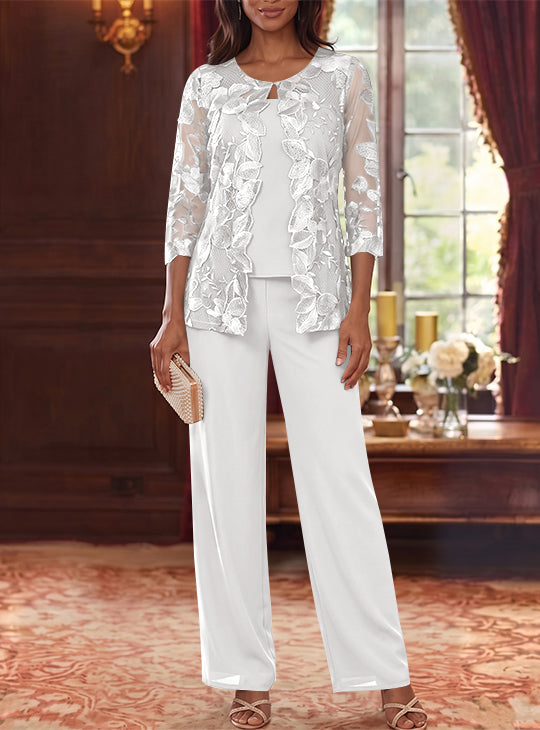 3 Pieces Chiffon Scoop Plus Size Mother of the Bride Pantsuits with Lace Floral Jacket Ankle-Length 3/4 Sleeves