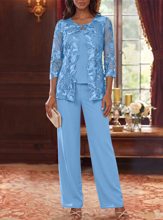 3 Pieces Chiffon Scoop Plus Size Mother of the Bride Pantsuits with Lace Floral Jacket Ankle-Length 3/4 Sleeves