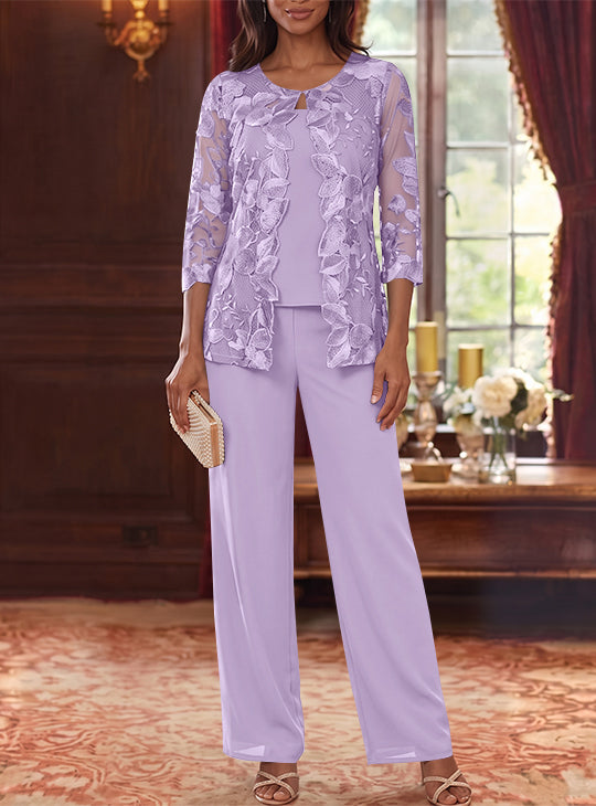3 Pieces Chiffon Scoop Plus Size Mother of the Bride Pantsuits with Lace Floral Jacket Ankle-Length 3/4 Sleeves