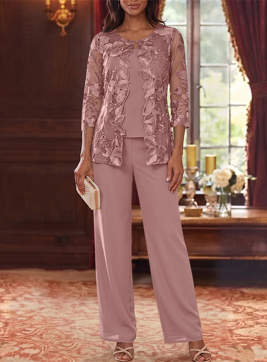3 Pieces Chiffon Scoop Plus Size Mother of the Bride Pantsuits with Lace Floral Jacket Ankle-Length 3/4 Sleeves
