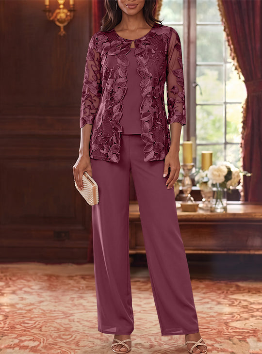 3 Pieces Chiffon Scoop Plus Size Mother of the Bride Pantsuits with Lace Floral Jacket Ankle-Length 3/4 Sleeves