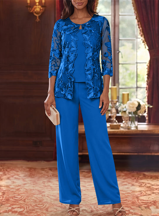 3 Pieces Chiffon Scoop Plus Size Mother of the Bride Pantsuits with Lace Floral Jacket Ankle-Length 3/4 Sleeves