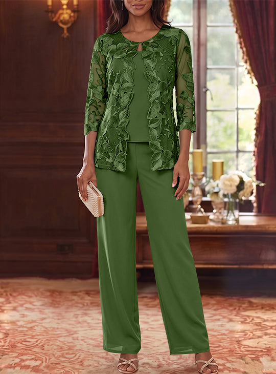 3 Pieces Chiffon Scoop Mother of the Bride Pantsuits with Lace Floral Jacket Ankle-Length 3/4 Sleeves