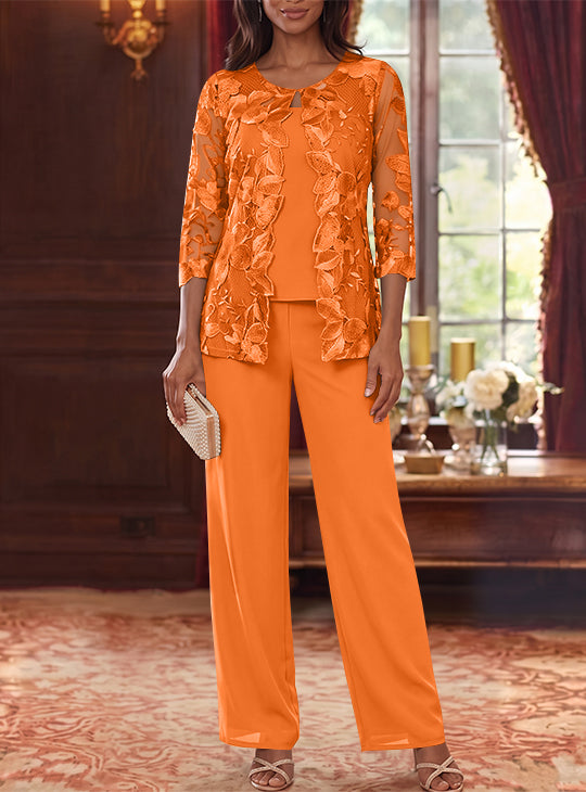 3 Pieces Chiffon Scoop Plus Size Mother of the Bride Pantsuits with Lace Floral Jacket Ankle-Length 3/4 Sleeves