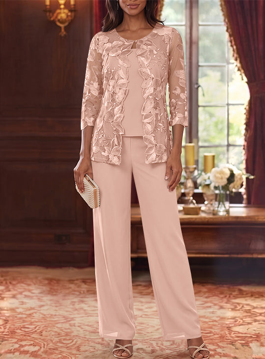 3 Pieces Chiffon Scoop Plus Size Mother of the Bride Pantsuits with Lace Floral Jacket Ankle-Length 3/4 Sleeves