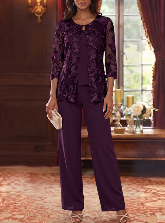 3 Pieces Chiffon Scoop Plus Size Mother of the Bride Pantsuits with Lace Floral Jacket Ankle-Length 3/4 Sleeves