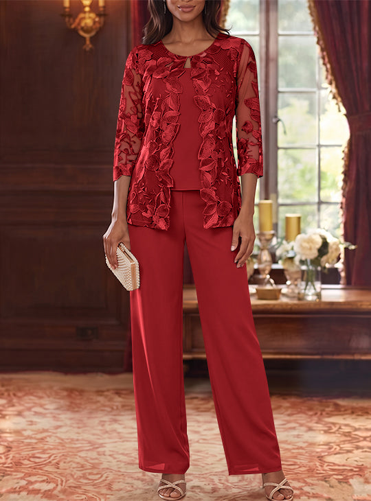 3 Pieces Chiffon Scoop Plus Size Mother of the Bride Pantsuits with Lace Floral Jacket Ankle-Length 3/4 Sleeves
