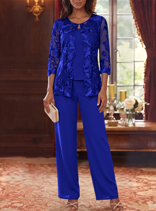 3 Pieces Chiffon Scoop Plus Size Mother of the Bride Pantsuits with Lace Floral Jacket Ankle-Length 3/4 Sleeves