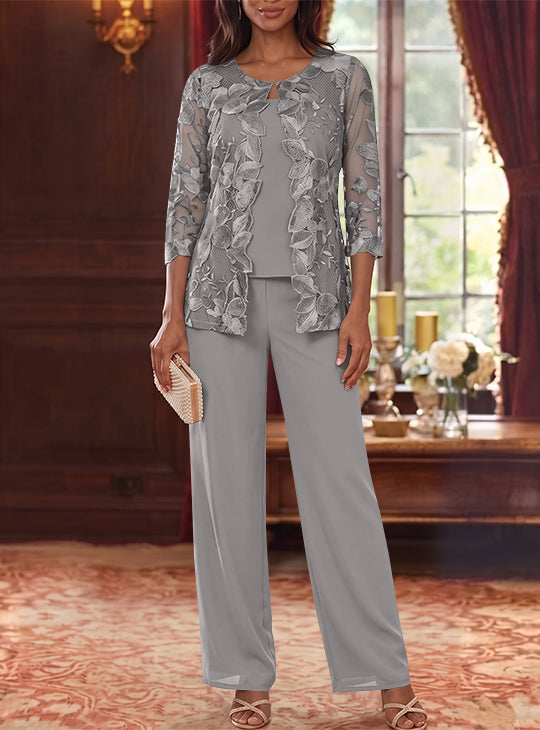 3 Pieces Chiffon Scoop Plus Size Mother of the Bride Pantsuits with Lace Floral Jacket Ankle-Length 3/4 Sleeves