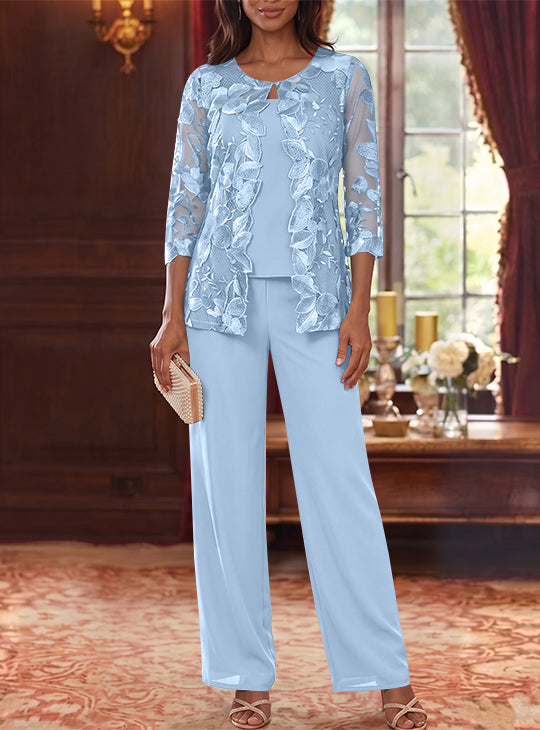 3 Pieces Chiffon Scoop Plus Size Mother of the Bride Pantsuits with Lace Floral Jacket Ankle-Length 3/4 Sleeves