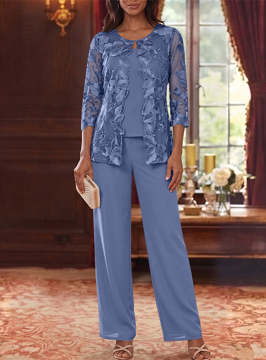 3 Pieces Chiffon Scoop Mother of the Bride Pantsuits with Lace Floral Jacket Ankle-Length 3/4 Sleeves