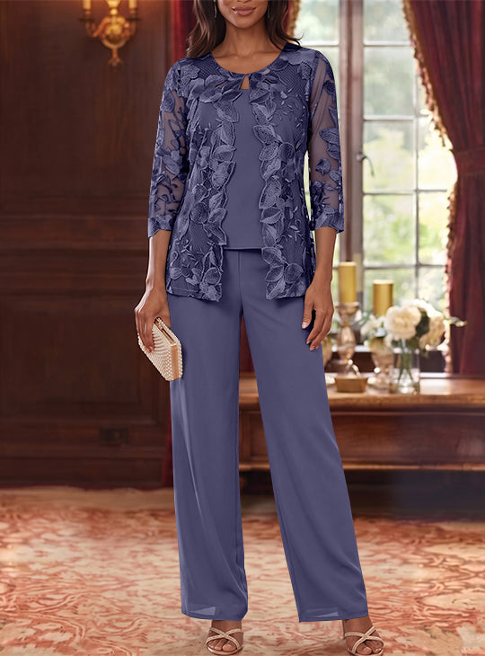 3 Pieces Chiffon Scoop Mother of the Bride Pantsuits with Lace Floral Jacket Ankle-Length 3/4 Sleeves