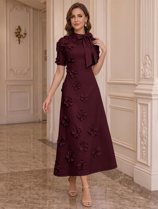 A-Line/Princess Mock Neck Stretch Satin Plus Size Mother of the Bride Dresses with 3D Flowers Short Sleeves Tea-Length Bowknot