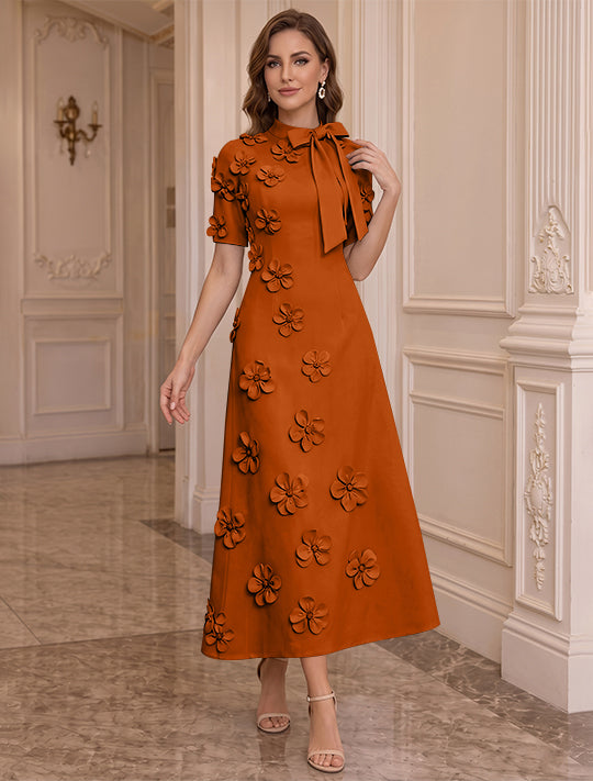A-Line/Princess Mock Neck Stretch Satin Plus Size Mother of the Bride Dresses with 3D Flowers Short Sleeves Tea-Length Bowknot