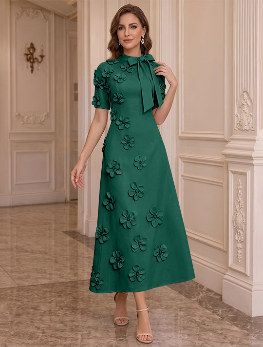 A-Line/Princess Mock Neck Stretch Satin Plus Size Mother of the Bride Dresses with 3D Flowers Short Sleeves Tea-Length Bowknot