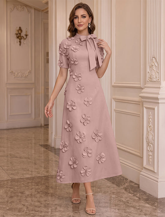 A-Line/Princess Mock Neck Stretch Satin Plus Size Mother of the Bride Dresses with 3D Flowers Short Sleeves Tea-Length Bowknot