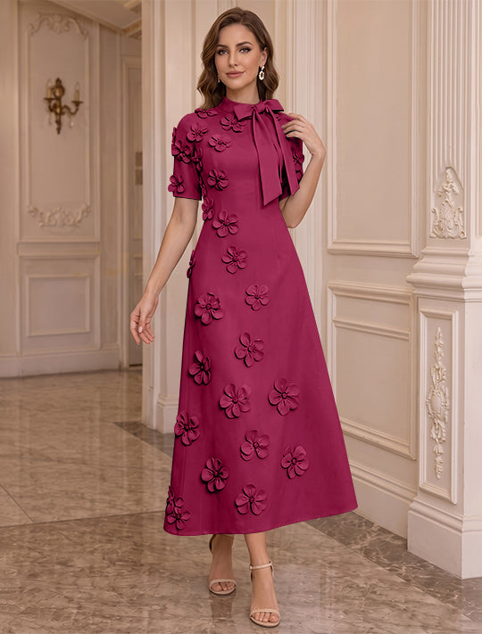A-Line/Princess Mock Neck Stretch Satin Plus Size Mother of the Bride Dresses with 3D Flowers Short Sleeves Tea-Length Bowknot
