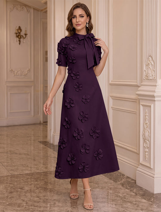 A-Line/Princess Mock Neck Stretch Satin Plus Size Mother of the Bride Dresses with 3D Flowers Short Sleeves Tea-Length Bowknot