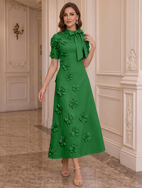 A-Line/Princess Mock Neck Stretch Satin Plus Size Mother of the Bride Dresses with 3D Flowers Short Sleeves Tea-Length Bowknot