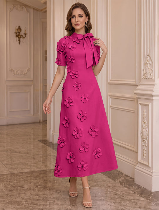 A-Line/Princess Mock Neck Stretch Satin Plus Size Mother of the Bride Dresses with 3D Flowers Short Sleeves Tea-Length Bowknot