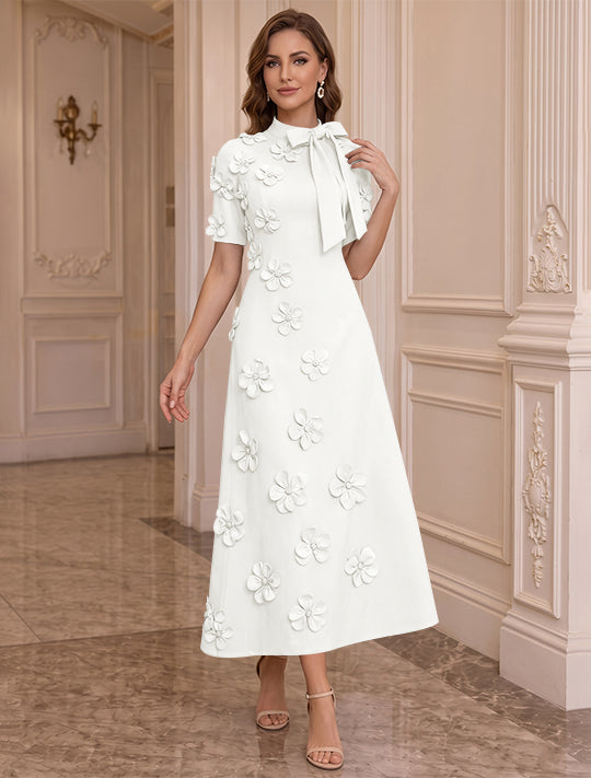A-Line/Princess Mock Neck Stretch Satin Mother of the Bride Dresses with 3D Flowers Short Sleeves Tea-Length Bowknot