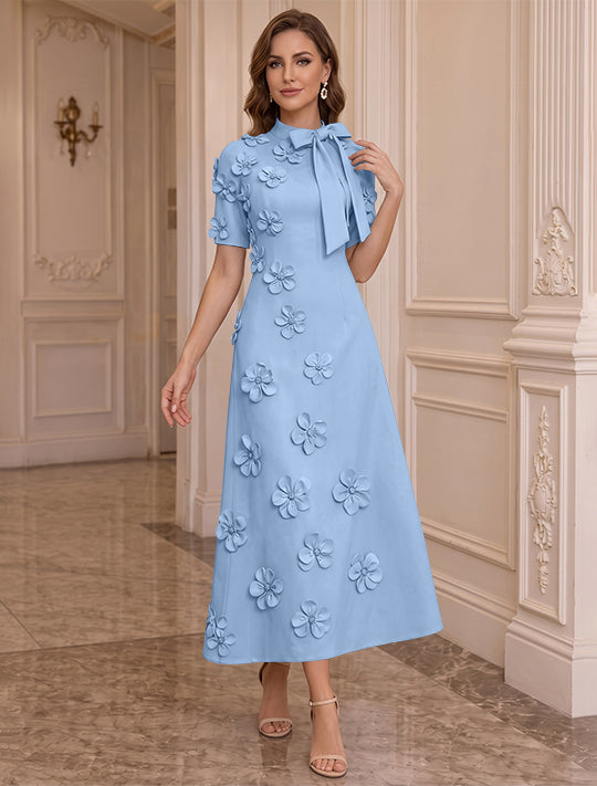 A-Line/Princess Mock Neck Stretch Satin Plus Size Mother of the Bride Dresses with 3D Flowers Short Sleeves Tea-Length Bowknot