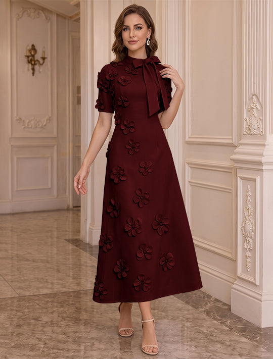A-Line/Princess Mock Neck Stretch Satin Plus Size Mother of the Bride Dresses with 3D Flowers Short Sleeves Tea-Length Bowknot