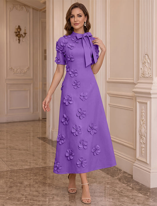 A-Line/Princess Mock Neck Stretch Satin Plus Size Mother of the Bride Dresses with 3D Flowers Short Sleeves Tea-Length Bowknot