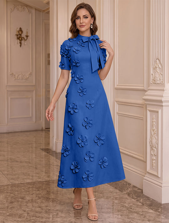 A-Line/Princess Mock Neck Stretch Satin Plus Size Mother of the Bride Dresses with 3D Flowers Short Sleeves Tea-Length Bowknot