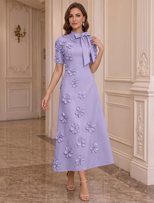 A-Line/Princess Mock Neck Stretch Satin Plus Size Mother of the Bride Dresses with 3D Flowers Short Sleeves Tea-Length Bowknot