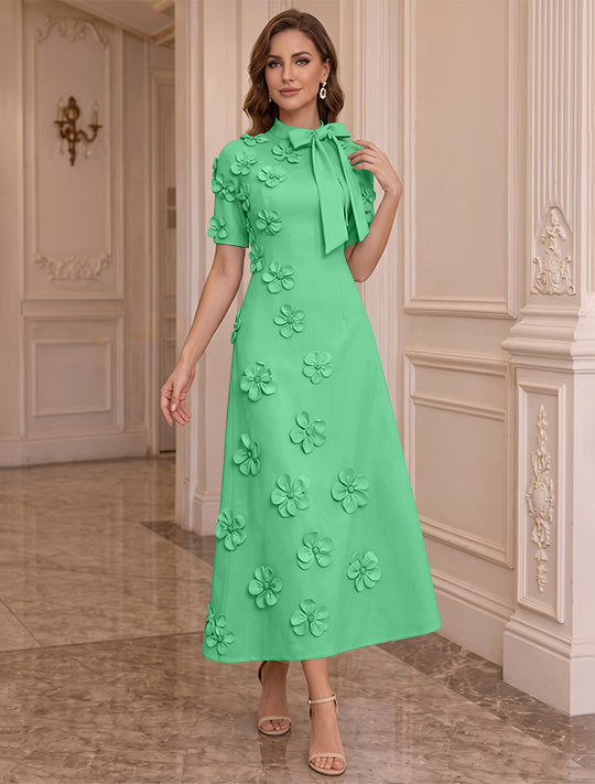 A-Line/Princess Mock Neck Stretch Satin Plus Size Mother of the Bride Dresses with 3D Flowers Short Sleeves Tea-Length Bowknot