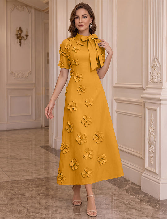 A-Line/Princess Mock Neck Stretch Satin Plus Size Mother of the Bride Dresses with 3D Flowers Short Sleeves Tea-Length Bowknot