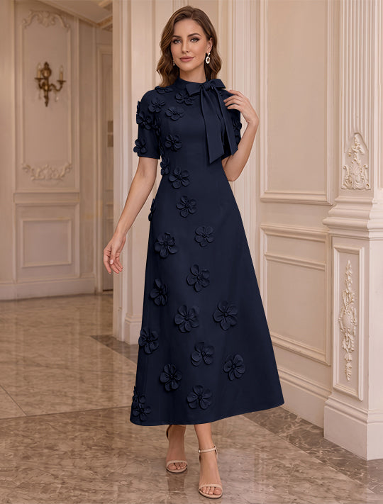 A-Line/Princess Mock Neck Stretch Satin Plus Size Mother of the Bride Dresses with 3D Flowers Short Sleeves Tea-Length Bowknot