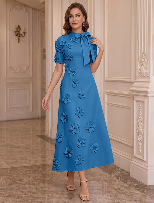 A-Line/Princess Mock Neck Stretch Satin Plus Size Mother of the Bride Dresses with 3D Flowers Short Sleeves Tea-Length Bowknot
