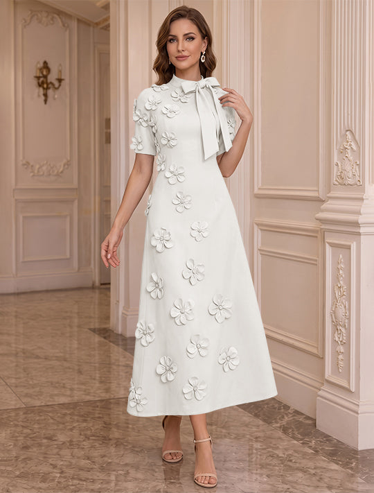 A-Line/Princess Mock Neck Stretch Satin Plus Size Mother of the Bride Dresses with 3D Flowers Short Sleeves Tea-Length Bowknot