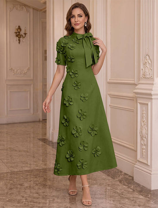A-Line/Princess Mock Neck Stretch Satin Mother of the Bride Dresses with 3D Flowers Short Sleeves Tea-Length Bowknot