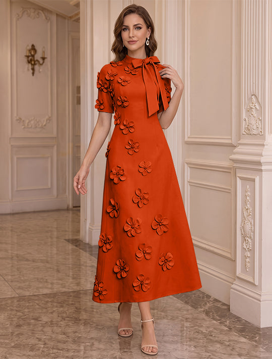 A-Line/Princess Mock Neck Stretch Satin Plus Size Mother of the Bride Dresses with 3D Flowers Short Sleeves Tea-Length Bowknot