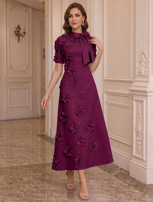 A-Line/Princess Mock Neck Stretch Satin Plus Size Mother of the Bride Dresses with 3D Flowers Short Sleeves Tea-Length Bowknot
