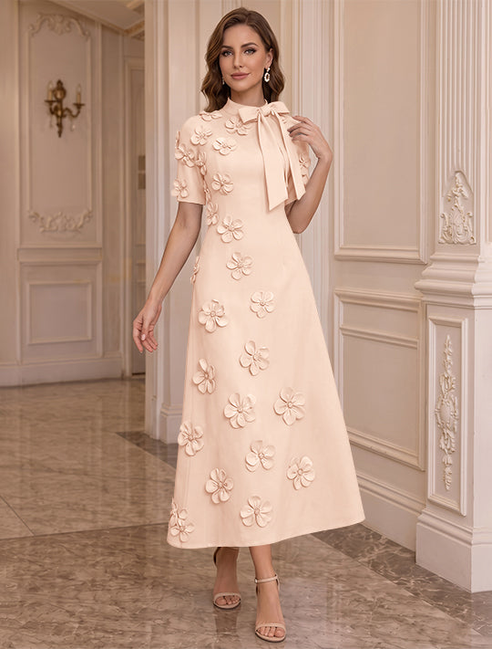 A-Line/Princess Mock Neck Stretch Satin Plus Size Mother of the Bride Dresses with 3D Flowers Short Sleeves Tea-Length Bowknot