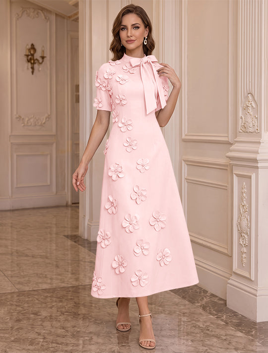 A-Line/Princess Mock Neck Stretch Satin Mother of the Bride Dresses with 3D Flowers Short Sleeves Tea-Length Bowknot