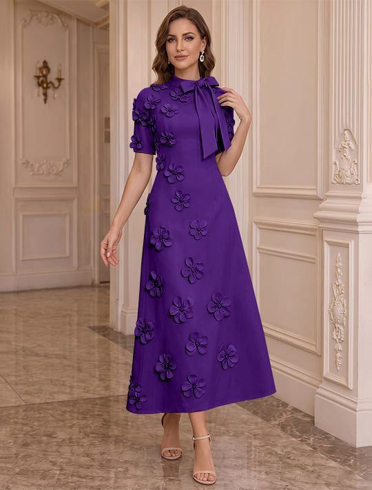 A-Line/Princess Mock Neck Stretch Satin Plus Size Mother of the Bride Dresses with 3D Flowers Short Sleeves Tea-Length Bowknot
