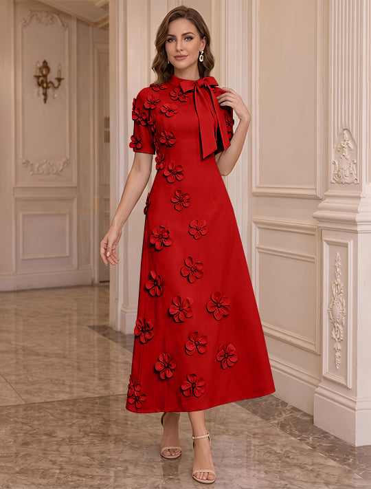 A-Line/Princess Mock Neck Stretch Satin Plus Size Mother of the Bride Dresses with 3D Flowers Short Sleeves Tea-Length Bowknot