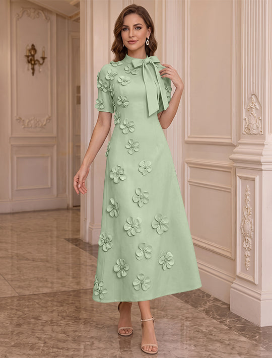A-Line/Princess Mock Neck Stretch Satin Plus Size Mother of the Bride Dresses with 3D Flowers Short Sleeves Tea-Length Bowknot